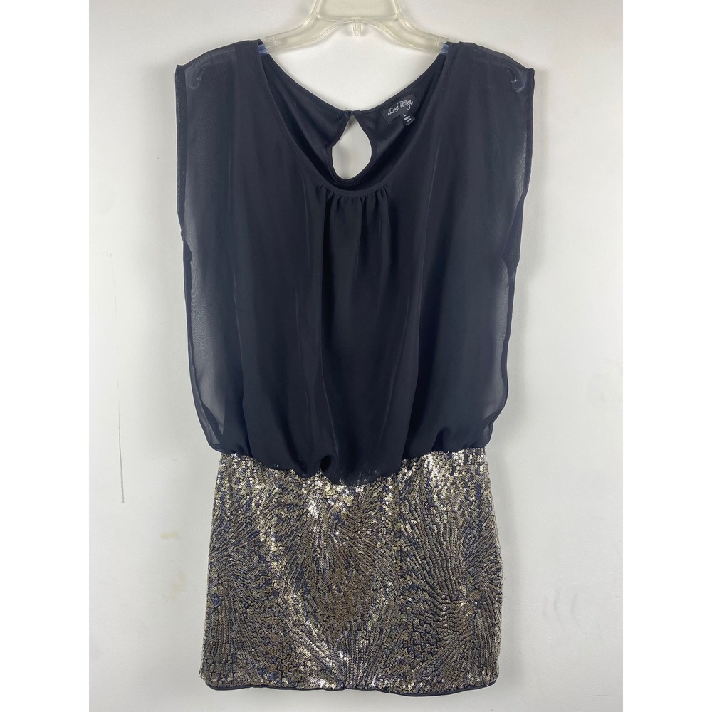 Love Reign Womens Black Chiffon Gold Sequin Mini Dress Size L Keyhole Back Party